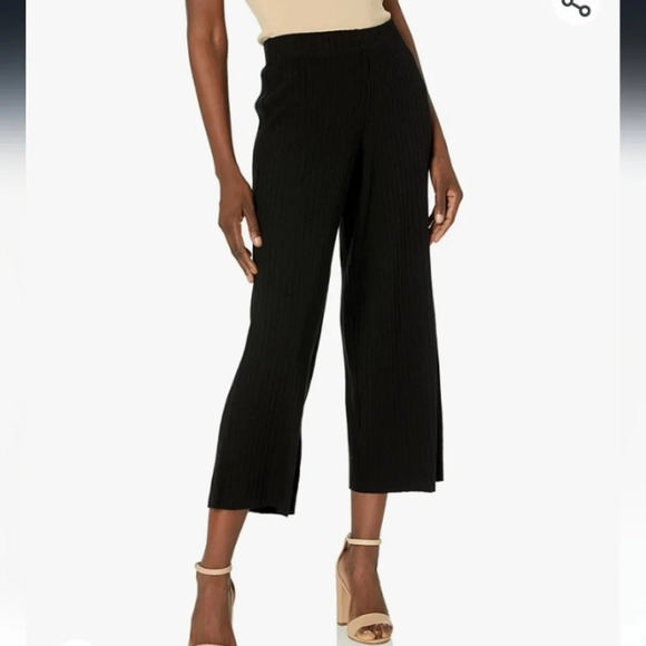 Vince Ribbed Cotton Blend Wide Leg Pants Womens Large Black Crop Minimalist - Picture 1 of 16